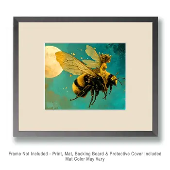 Fairy Riding Bumble Bee - Fairies Wall Art Prints – 8″x10″ Artwork for 11″x14″ Frame