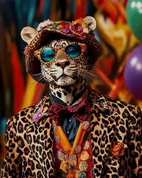 Downtown Leopard - Animal Circus Clowns Wall Art Prints – 8″x10″ Artwork for 11″x14″ Frame