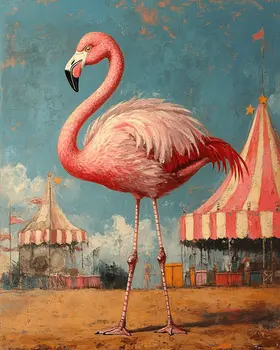Pink Flamingo at the Circus - Animal Circus Clowns Wall Art Prints – 8″x10″ Artwork for 11″x14″ Frame