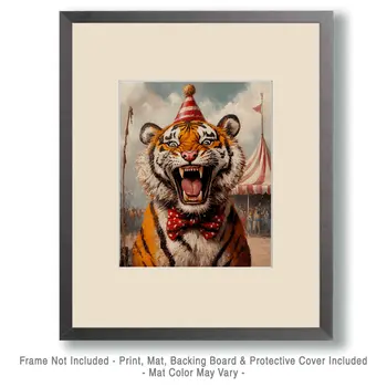 Roaring Circus Tiger - Animal Circus Clowns Wall Art Prints – 8″x10″ Artwork for 11″x14″ Frame