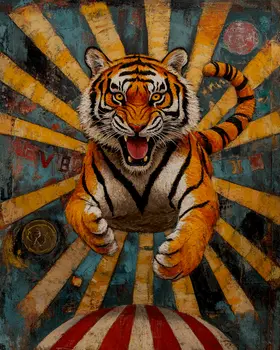 Leaping Tiger - Animal Circus Clowns Wall Art Prints – 8″x10″ Artwork for 11″x14″ Frame