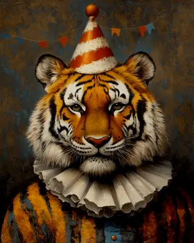Tiger Clown Portrait - Animal Circus Clowns Wall Art Prints – 8″x10″ Artwork for 11″x14″ Frame
