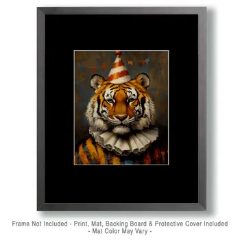Tiger Clown Portrait - Animal Circus Clowns Wall Art Prints – 8″x10″ Artwork for 11″x14″ Frame