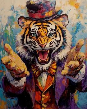 Tiger Ringmaster Welcomes - Animal Circus Clowns Wall Art Prints – 8″x10″ Artwork for 11″x14″ Frame