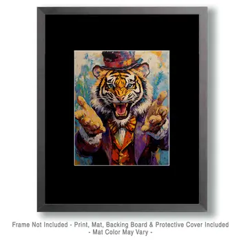 Tiger Ringmaster Welcomes - Animal Circus Clowns Wall Art Prints – 8″x10″ Artwork for 11″x14″ Frame
