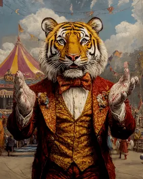Tiger Ringmaster Greeting - Animal Circus Clowns Wall Art Prints – 8″x10″ Artwork for 11″x14″ Frame