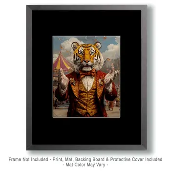 Tiger Ringmaster Greeting - Animal Circus Clowns Wall Art Prints – 8″x10″ Artwork for 11″x14″ Frame