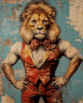 Lion Strongman - Animal Circus Clowns Wall Art Prints – 8″x10″ Artwork for 11″x14″ Frame