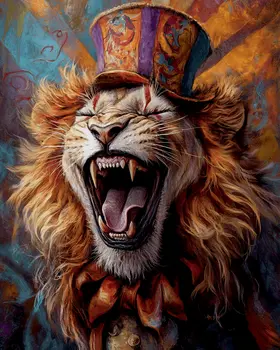 Laughing Lion - Animal Circus Clowns Wall Art Prints – 8″x10″ Artwork for 11″x14″ Frame