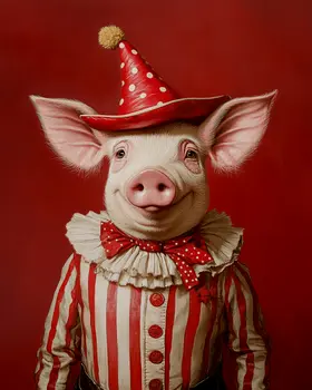 Red Pig Clown - Animal Circus Clowns Wall Art Prints – 8″x10″ Artwork for 11″x14″ Frame