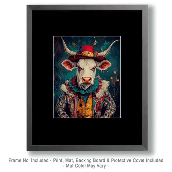 Mad Cow Clown - Animal Circus Clowns Wall Art Prints – 8″x10″ Artwork for 11″x14″ Frame