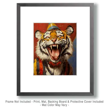 Laughing Tiger - Animal Circus Clowns Wall Art Prints – 8″x10″ Artwork for 11″x14″ Frame