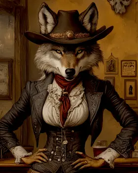 Lady Wolf Cowgirl - Anthropomorphic Wall Art Prints – 8″x10″ Artwork for 11″x14″ Frame