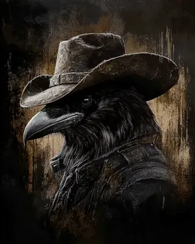 Dark Raven Cowboy - Anthropomorphic Wall Art Prints – 8″x10″ Artwork for 11″x14″ Frame