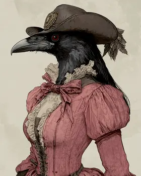 Early American Raven Lady - Anthropomorphic Wall Art Prints – 8″x10″ Artwork for 11″x14″ Frame
