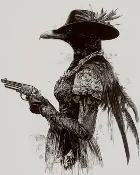 Raven Lady Gunslinger - Anthropomorphic Wall Art Prints – 8″x10″ Artwork for 11″x14″ Frame