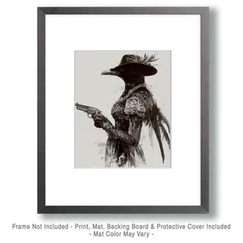 Raven Lady Gunslinger - Anthropomorphic Wall Art Prints – 8″x10″ Artwork for 11″x14″ Frame