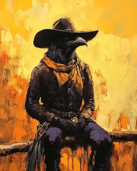 Raven Cowboy on the Fence - Anthropomorphic Wall Art Prints – 8″x10″ Artwork for 11″x14″ Frame