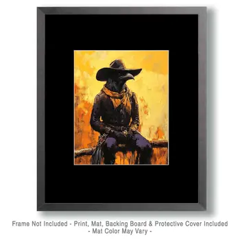 Raven Cowboy on the Fence - Anthropomorphic Wall Art Prints – 8″x10″ Artwork for 11″x14″ Frame