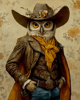 Owl Cowboy - Anthropomorphic Wall Art Prints – 8″x10″ Artwork for 11″x14″ Frame