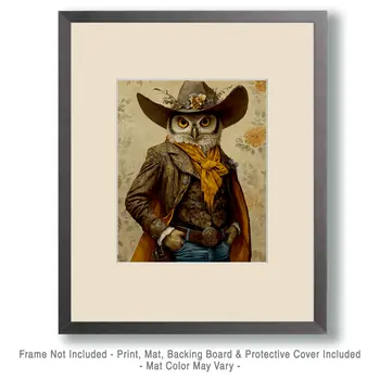 Owl Cowboy - Anthropomorphic Wall Art Prints – 8″x10″ Artwork for 11″x14″ Frame