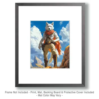 White Wolf Cowboy - Anthropomorphic Wall Art Prints – 8″x10″ Artwork for 11″x14″ Frame