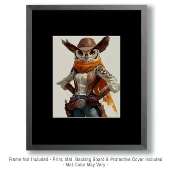 Owl Cowgirl - Anthropomorphic Wall Art Prints – 8″x10″ Artwork for 11″x14″ Frame