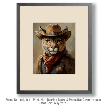 Cougar Cowboy - Anthropomorphic Wall Art Prints – 8″x10″ Artwork for 11″x14″ Frame