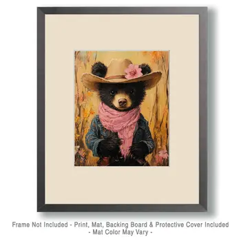 Little Miss Bear Cub Cowgirl - Anthropomorphic Wall Art Prints – 8″x10″ Artwork for 11″x14″ Frame