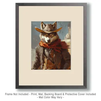 Wolf Cowboy - Anthropomorphic Wall Art Prints – 8″x10″ Artwork for 11″x14″ Frame