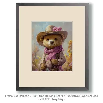 Bear Cub Cowgirl - Anthropomorphic Wall Art Prints – 8″x10″ Artwork for 11″x14″ Frame