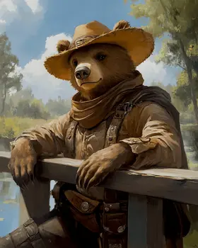 Cowboy Bear on the Fence - Anthropomorphic Wall Art Prints – 8″x10″ Artwork for 11″x14″ Frame