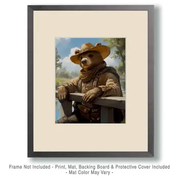 Cowboy Bear on the Fence - Anthropomorphic Wall Art Prints – 8″x10″ Artwork for 11″x14″ Frame