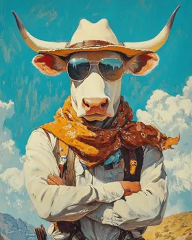 Cool Cow Cowboy - Anthropomorphic Wall Art Prints – 8″x10″ Artwork for 11″x14″ Frame