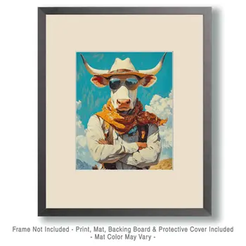 Cool Cow Cowboy - Anthropomorphic Wall Art Prints – 8″x10″ Artwork for 11″x14″ Frame