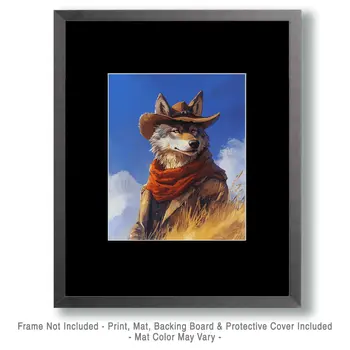 Lone Wolf Cowboy - Anthropomorphic Wall Art Prints – 8″x10″ Artwork for 11″x14″ Frame