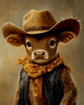 Calf Cowboy Portrait - Anthropomorphic Wall Art Prints – 8″x10″ Artwork for 11″x14″ Frame