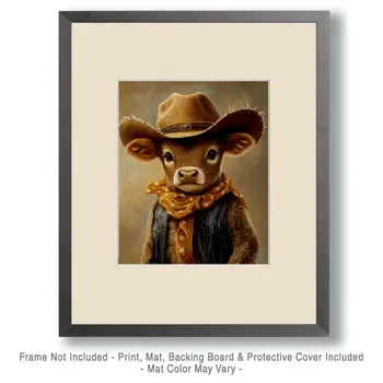 Calf Cowboy Portrait - Anthropomorphic Wall Art Prints – 8″x10″ Artwork for 11″x14″ Frame