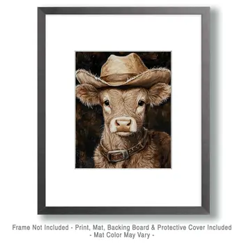 Calf Cowboy Ranch Hand - Anthropomorphic Wall Art Prints – 8″x10″ Artwork for 11″x14″ Frame