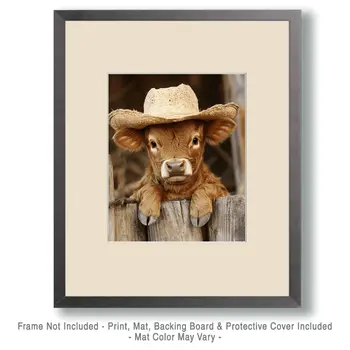 Calf Cowboy Cowhand - Anthropomorphic Wall Art Prints – 8″x10″ Artwork for 11″x14″ Frame