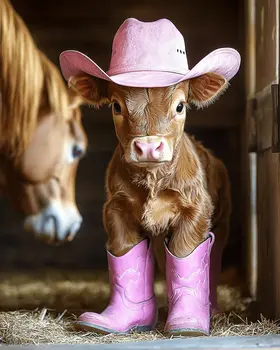 Calf Cowgirl in Barn - Anthropomorphic Wall Art Prints – 8″x10″ Artwork for 11″x14″ Frame