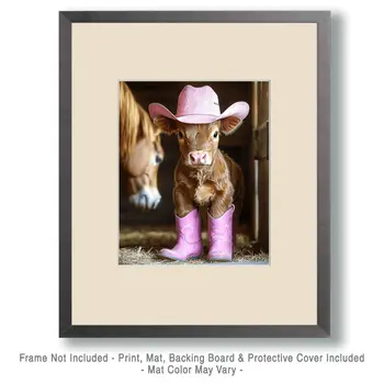 Calf Cowgirl in Barn - Anthropomorphic Wall Art Prints – 8″x10″ Artwork for 11″x14″ Frame