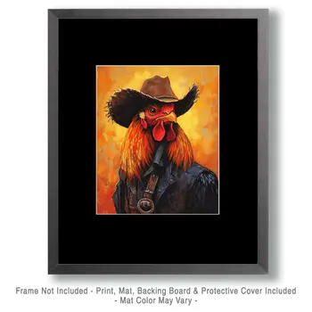 Cowboy Chicken - Anthropomorphic Wall Art Prints – 8″x10″ Artwork for 11″x14″ Frame