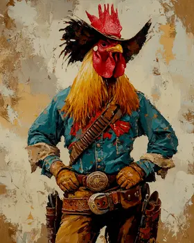 Cowboy Chicken Outlaw - Anthropomorphic Wall Art Prints – 8″x10″ Artwork for 11″x14″ Frame