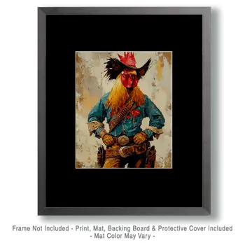 Cowboy Chicken Outlaw - Anthropomorphic Wall Art Prints – 8″x10″ Artwork for 11″x14″ Frame