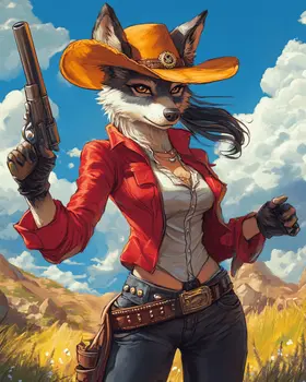 Quickdraw Wolf Cowgirl - Anthropomorphic Wall Art Prints – 8″x10″ Artwork for 11″x14″ Frame