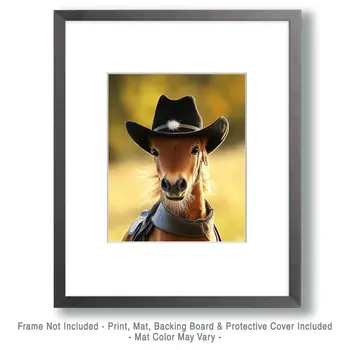 Black Hat Cowgirl Horse - Anthropomorphic Wall Art Prints – 8″x10″ Artwork for 11″x14″ Frame