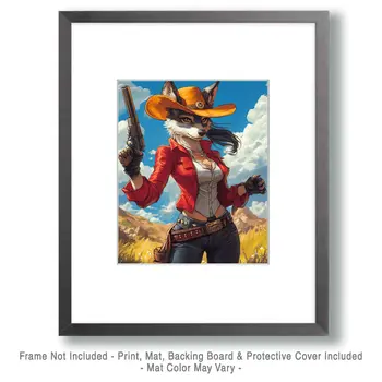 Quickdraw Wolf Cowgirl - Anthropomorphic Wall Art Prints – 8″x10″ Artwork for 11″x14″ Frame