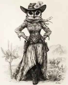 Owl Cowgirl Pencil Sketch - Anthropomorphic Wall Art Prints – 8″x10″ Artwork for 11″x14″ Frame