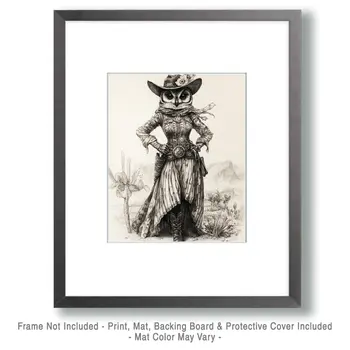 Owl Cowgirl Pencil Sketch - Anthropomorphic Wall Art Prints – 8″x10″ Artwork for 11″x14″ Frame